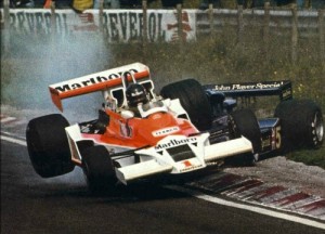 James Hunt driving over Andretti at Zandvoort, 1977